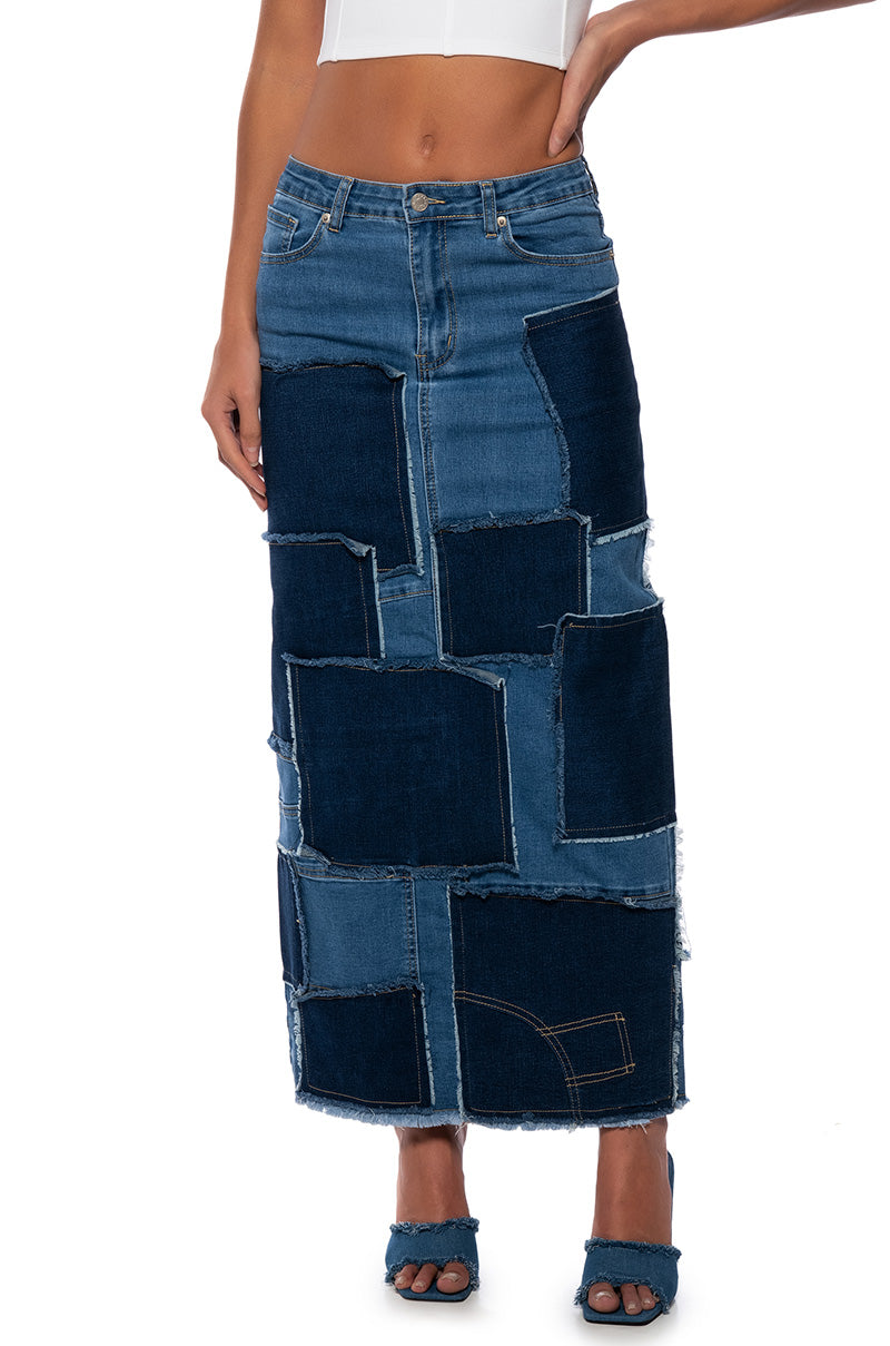 ALWAYS GOOD PATCHWORK DENIM MAXI SKIRT