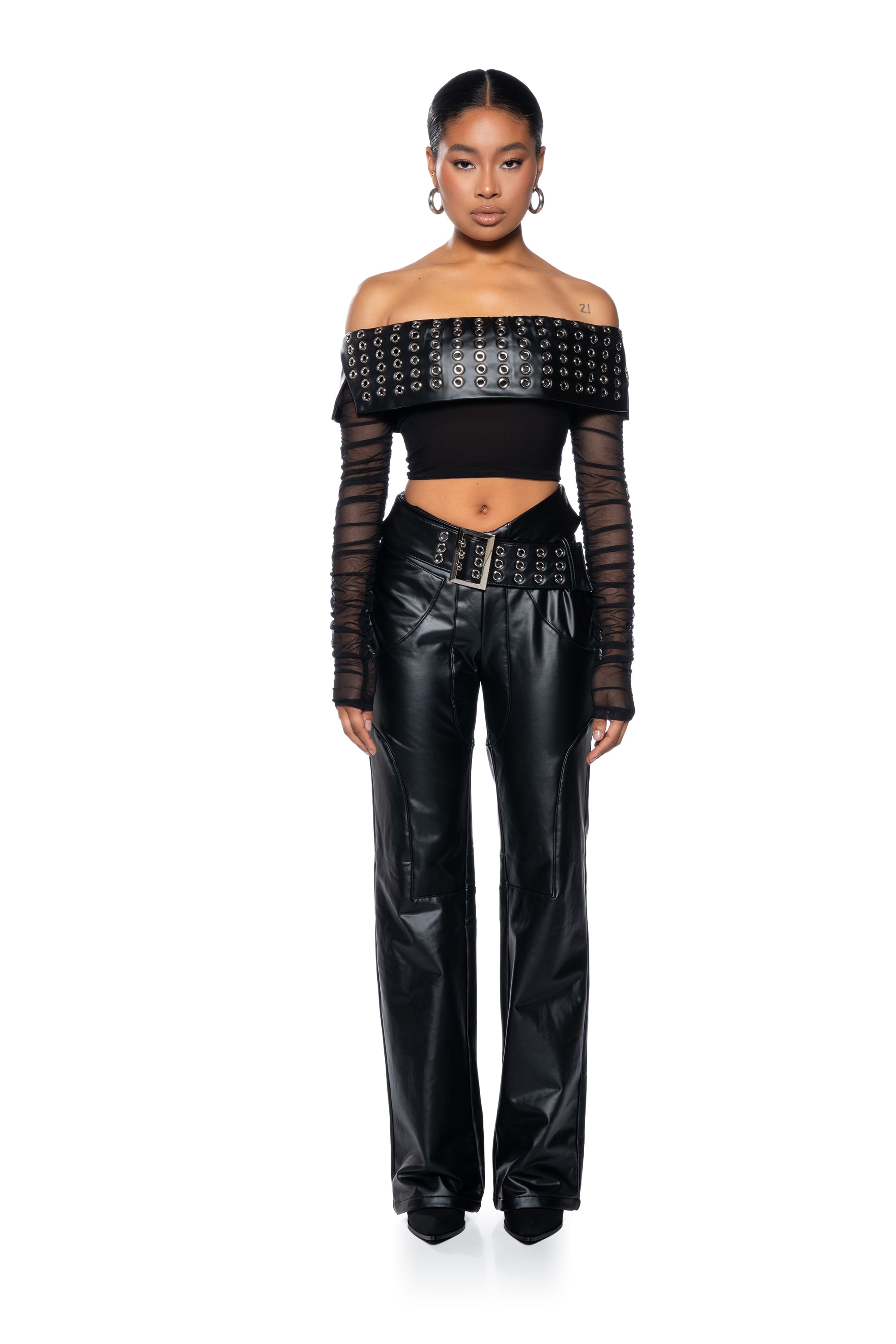 INVEST IN ME FAUX LEATHER FLARE LEG BELTED PANT