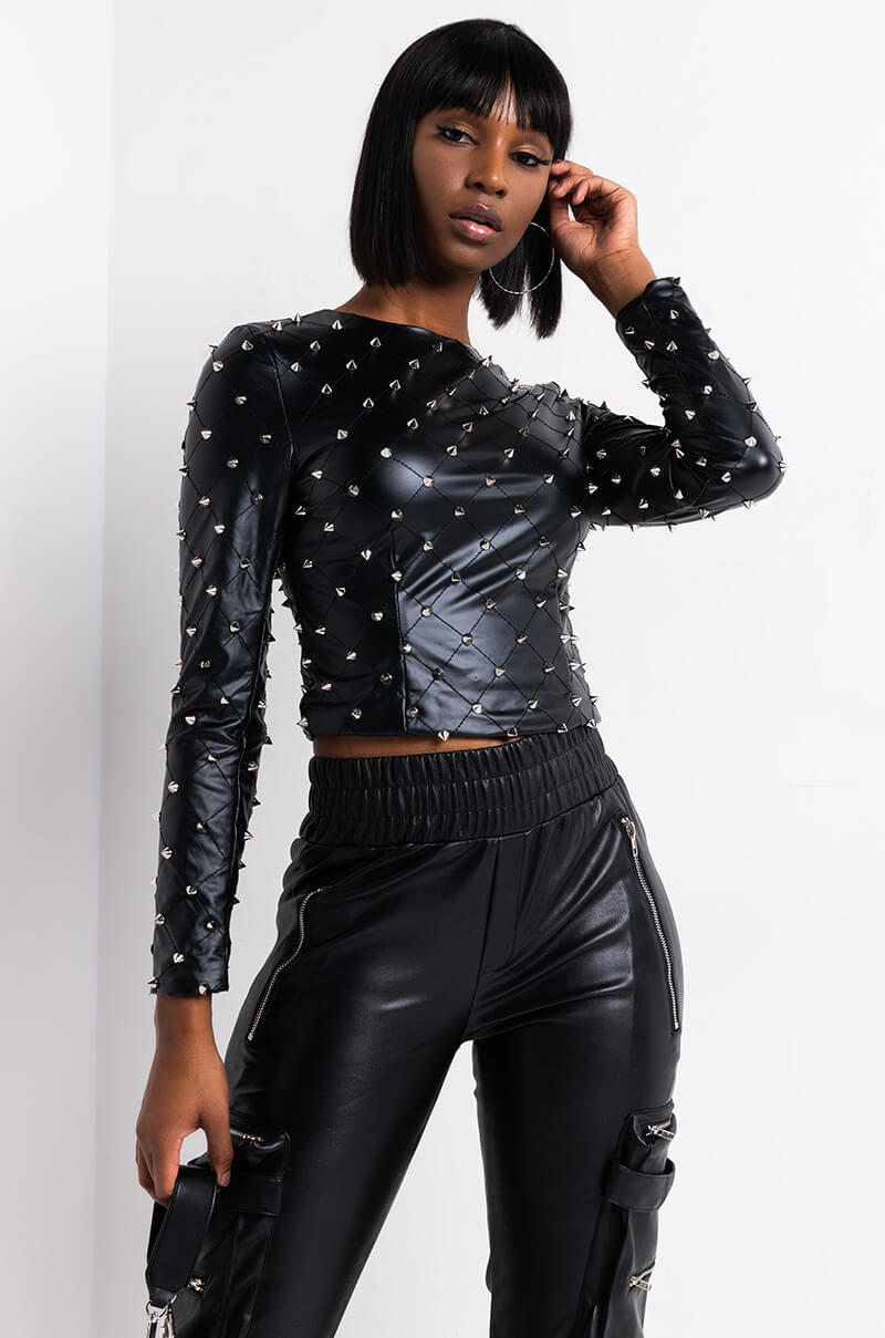 HBIC QUILTED FAUX LEATHER SPIKE DETAIL LONG SLEEVE TOP