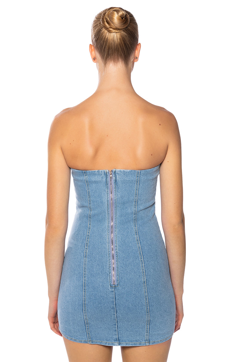 WANT IT ALL STRAPLESS DENIM MINI DRESS