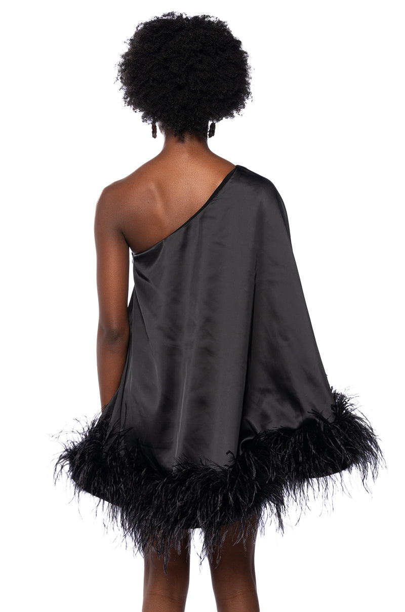 ISNT IT LOVELY ONE SHOULDER FEATHER HEM MINI DRESS IN BLACK