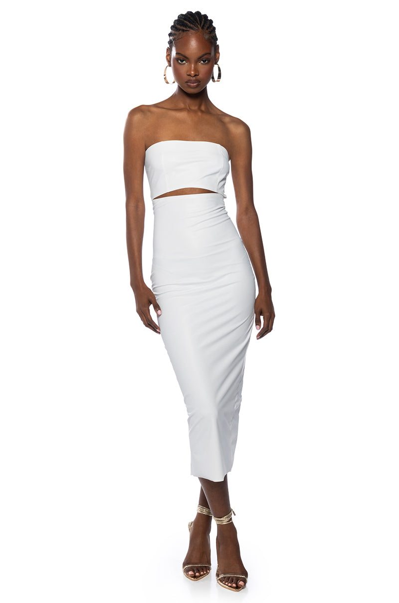 PRETTY LADY PLEATHER CUT OUT MIDI DRESS WITH 4 WAY STRETCH IN WHITE