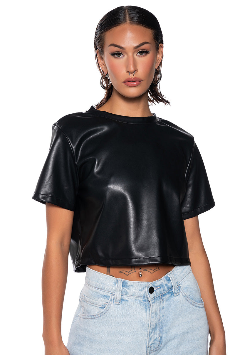 MY TYPE OPEN BACK FAUX LEATHER SHIRT