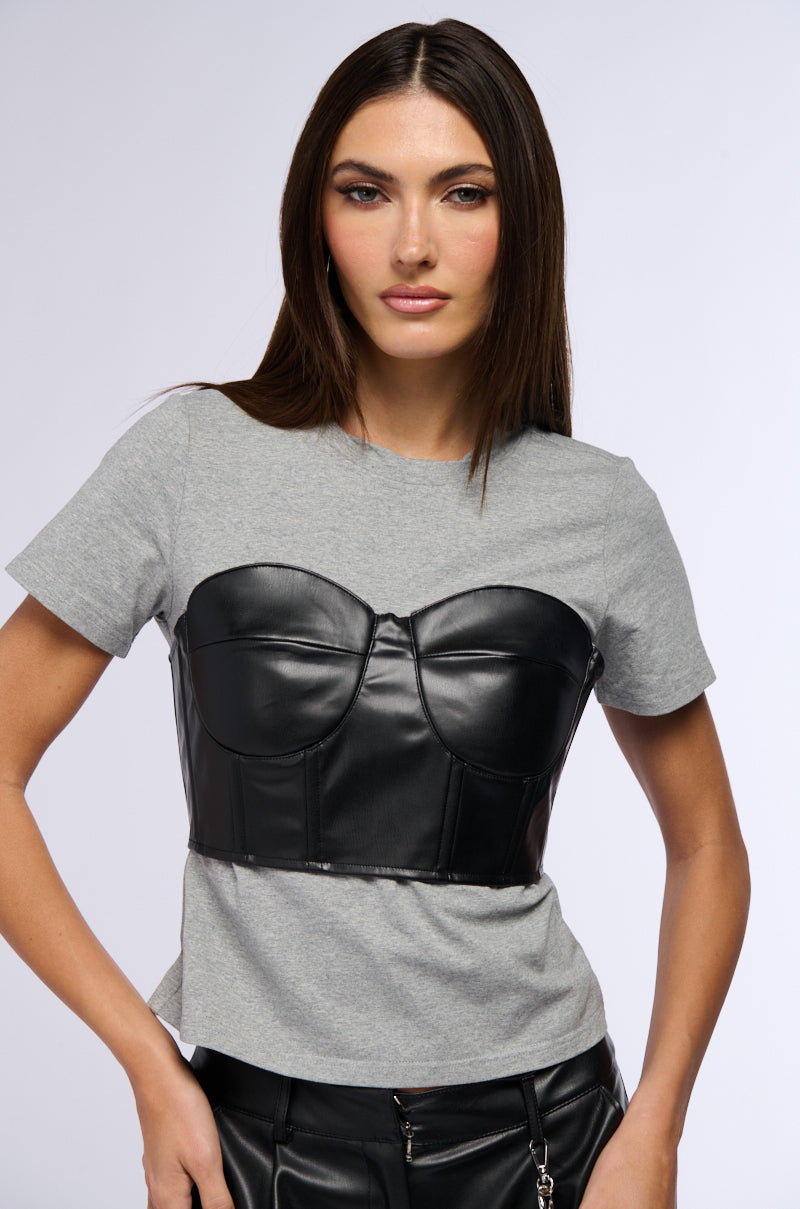 GOT ME TWISTED T SHIRT WITH FAUX LEATHER CORSET DETAIL