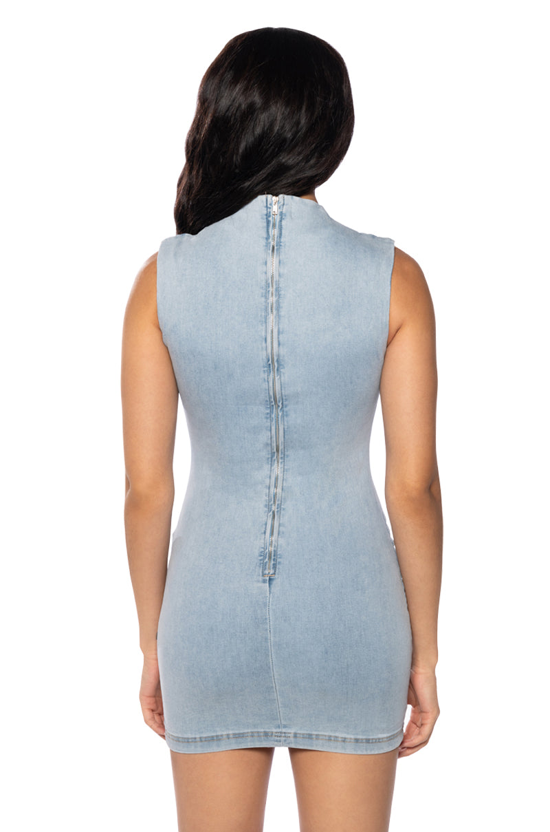 INTO THE NIGHT DENIM BODYCON MINI DRESS IN LIGHT BLUE