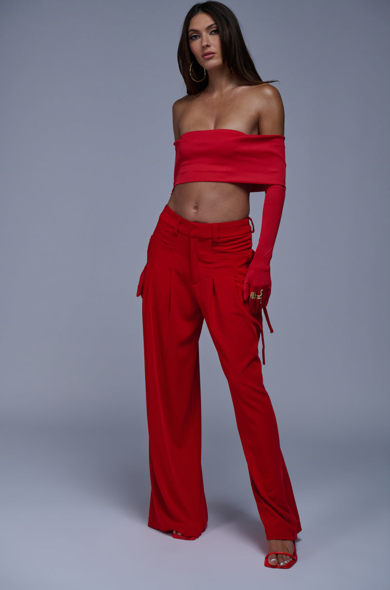 JUST LIKE MAGIC SLINKY OFF THE SHOULDER GLOVED TOP IN RED