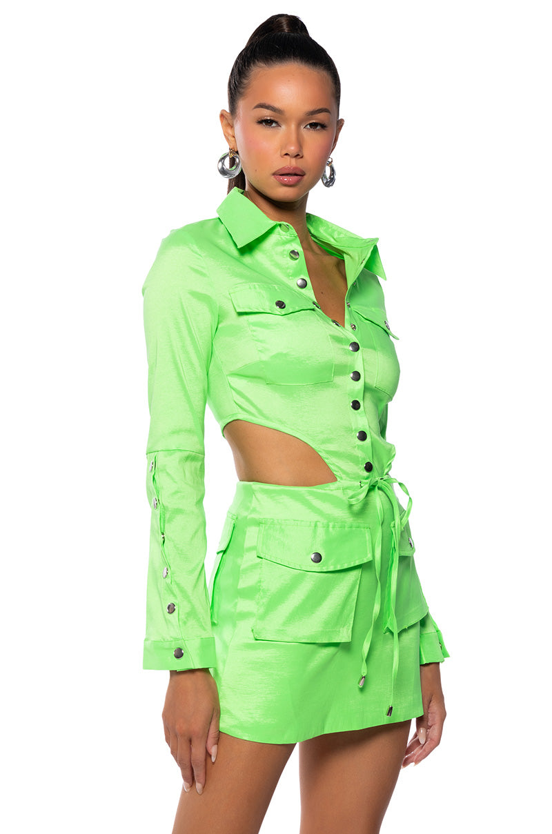 ARIELLE OPEN BACK CARGO MINI DRESS IN LIME