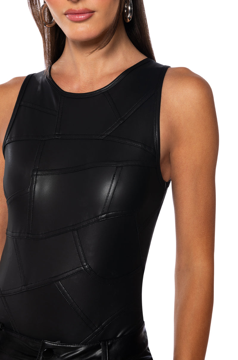 AMELIA FAUX LEATHER SLEEVELESS BODYSUIT