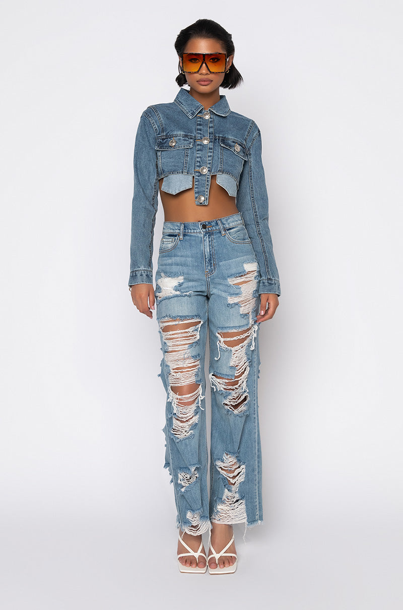 ELLA BELLA HIGH RISE WIDE LEG DISTRESSED JEANS