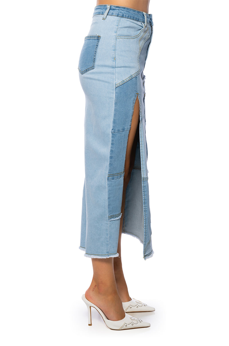 ANGEL PATCHWORK DENIM MAXI SKIRT