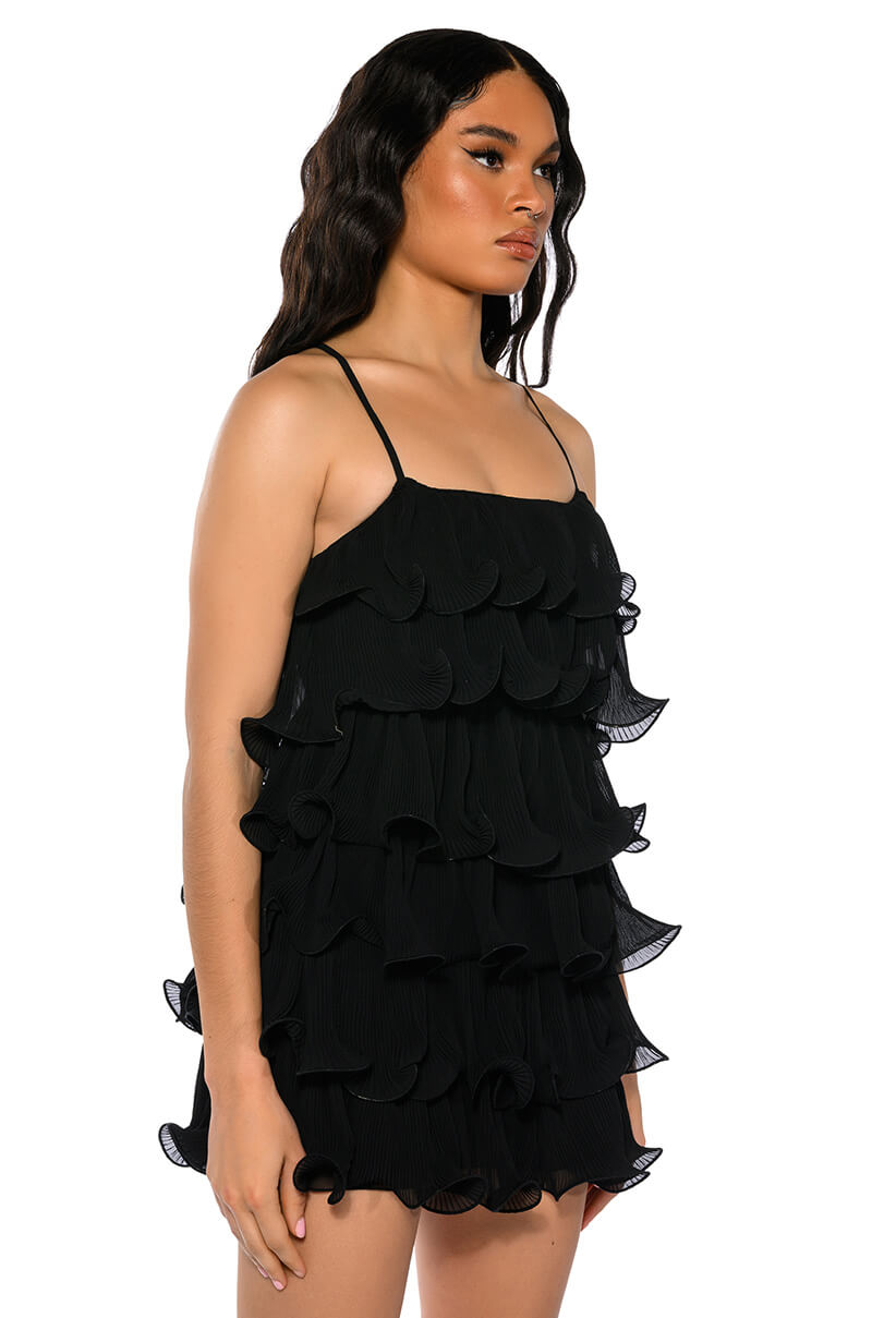 SWEETIE PLEATED RUFFLE SLEEVELESS MINI DRESS IN BLACK