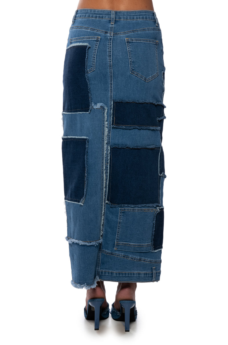 ALWAYS GOOD PATCHWORK DENIM MAXI SKIRT