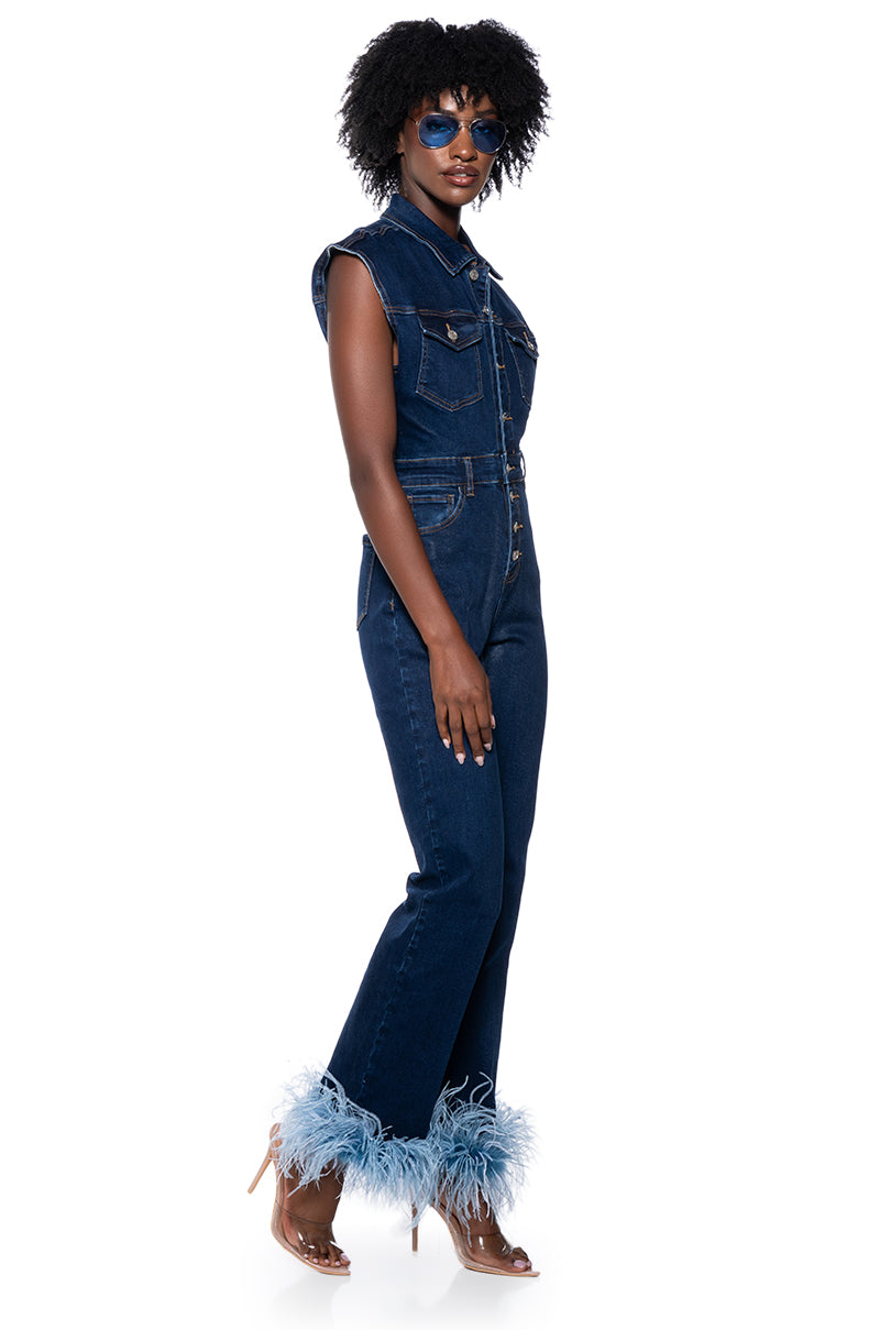 SANDY SLEEVELESS DENIM FEATHER TRIM JUMPSUIT