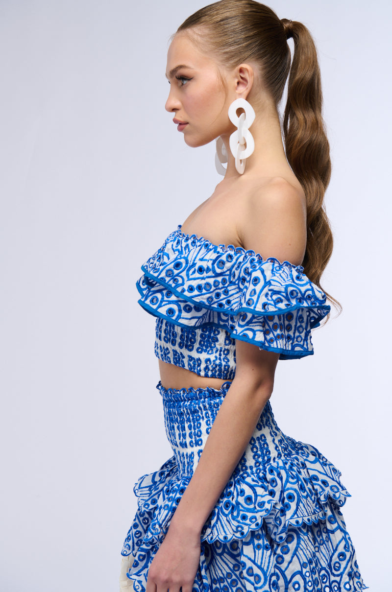 BLUE SUMMER LOVING OFF THE SHOULDER RUFFLE CROP BLOUSE