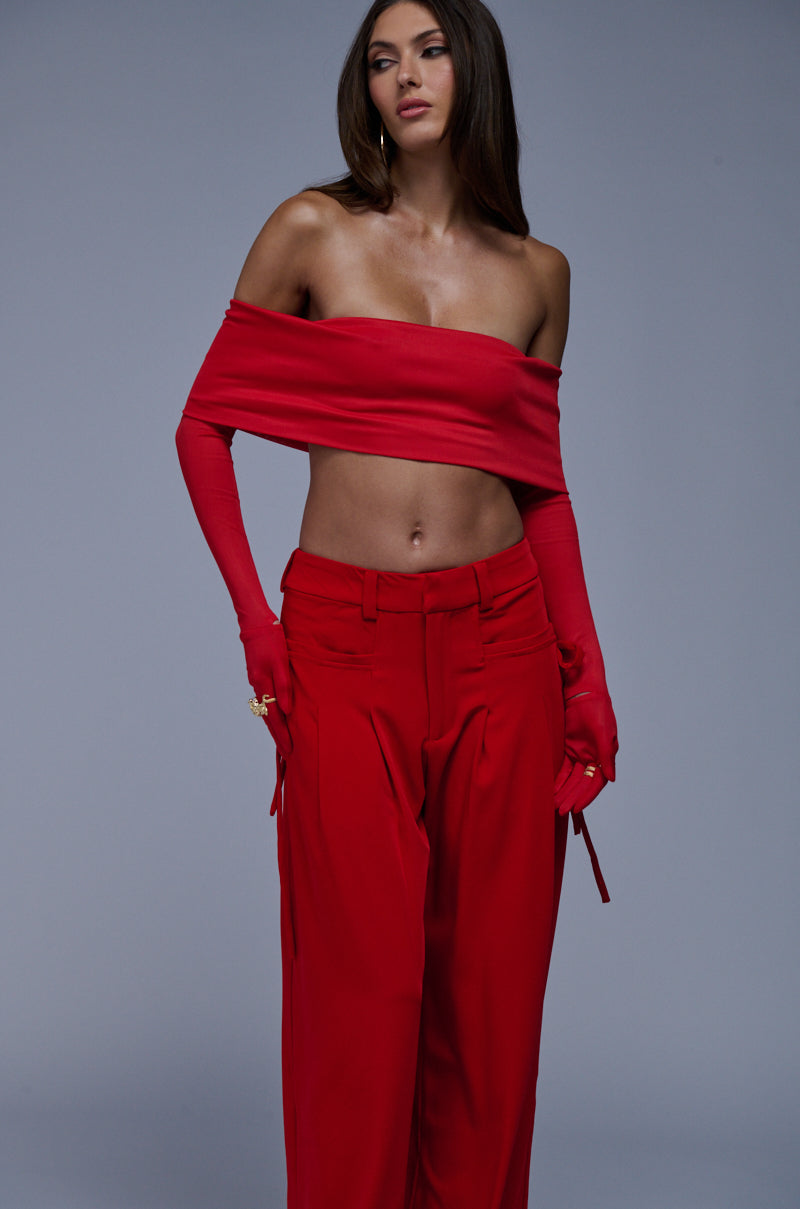 JUST LIKE MAGIC SLINKY OFF THE SHOULDER GLOVED TOP IN RED