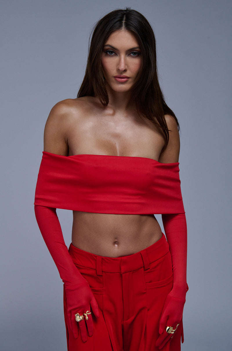 JUST LIKE MAGIC SLINKY OFF THE SHOULDER GLOVED TOP IN RED