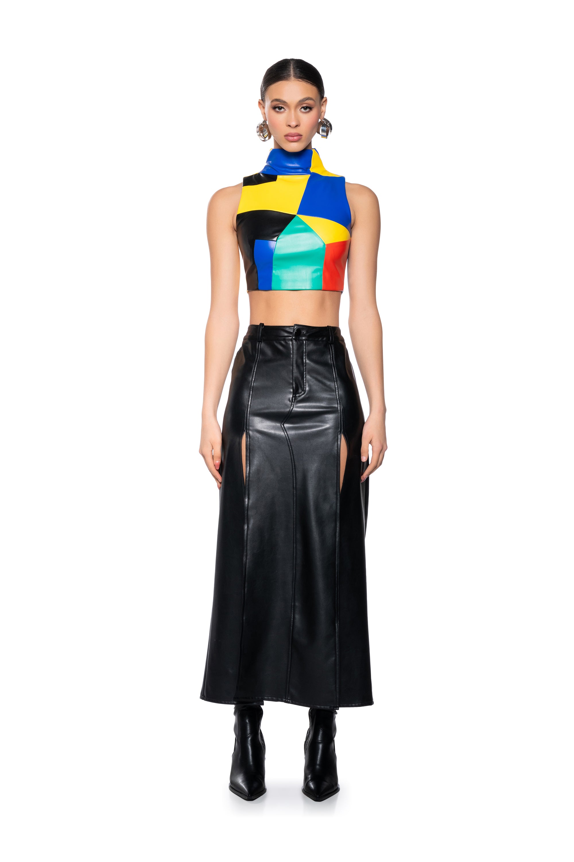 AMEILA COLOR BLOCK FAUX LEATHER CROP TOP