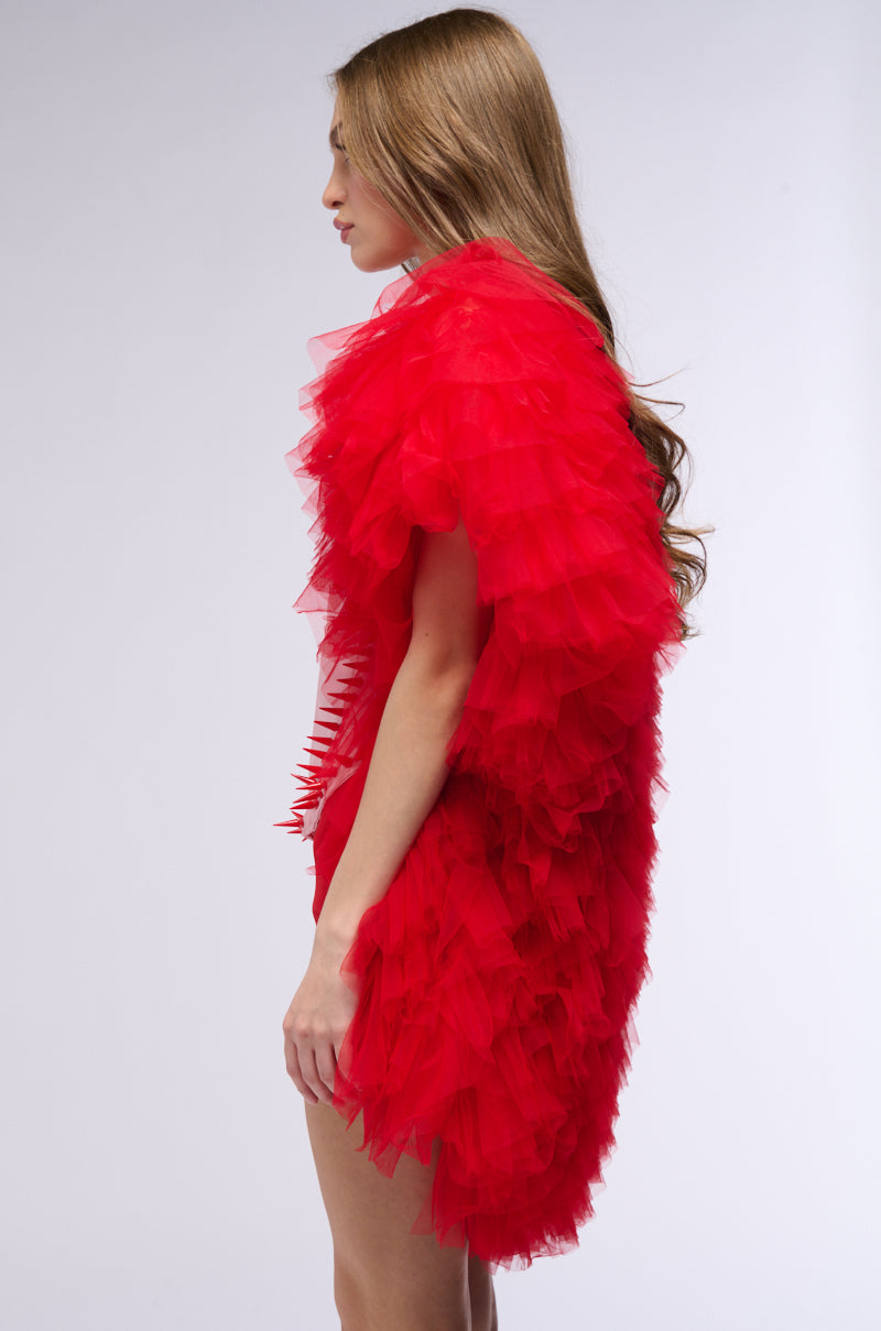 WANNA BE LOVED BY YOU TULLE WRAP SHRUG IN RED