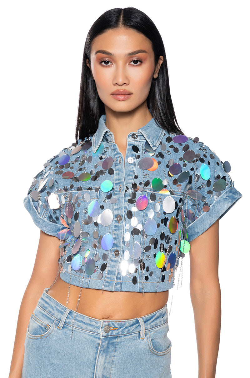 A GIRL NAMED LUCKY EMBELLISHED BUTTON DOWN DENIM CROP TOP