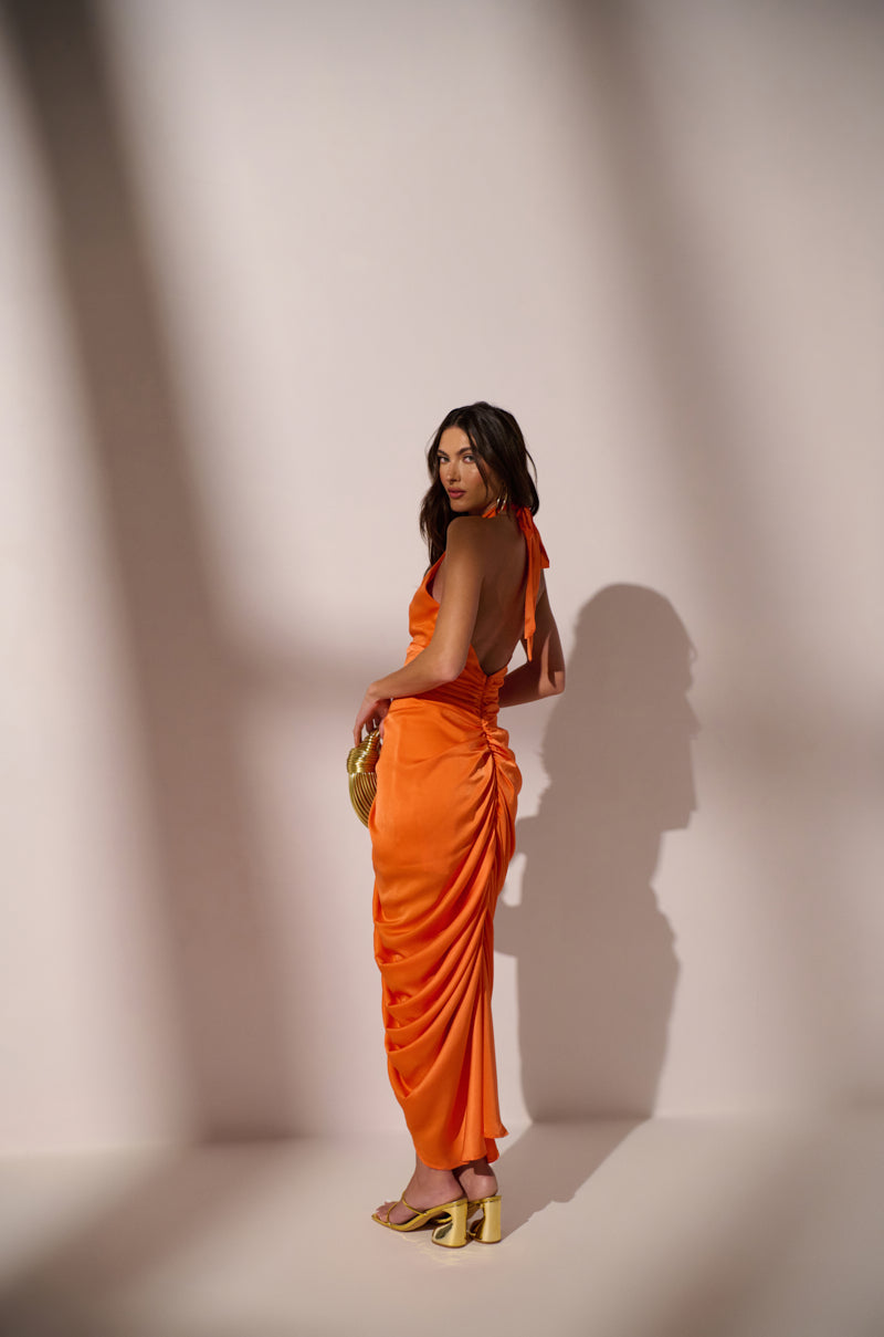 LOOK TWICE RUCHED MIDI DRESS IN ORANGE