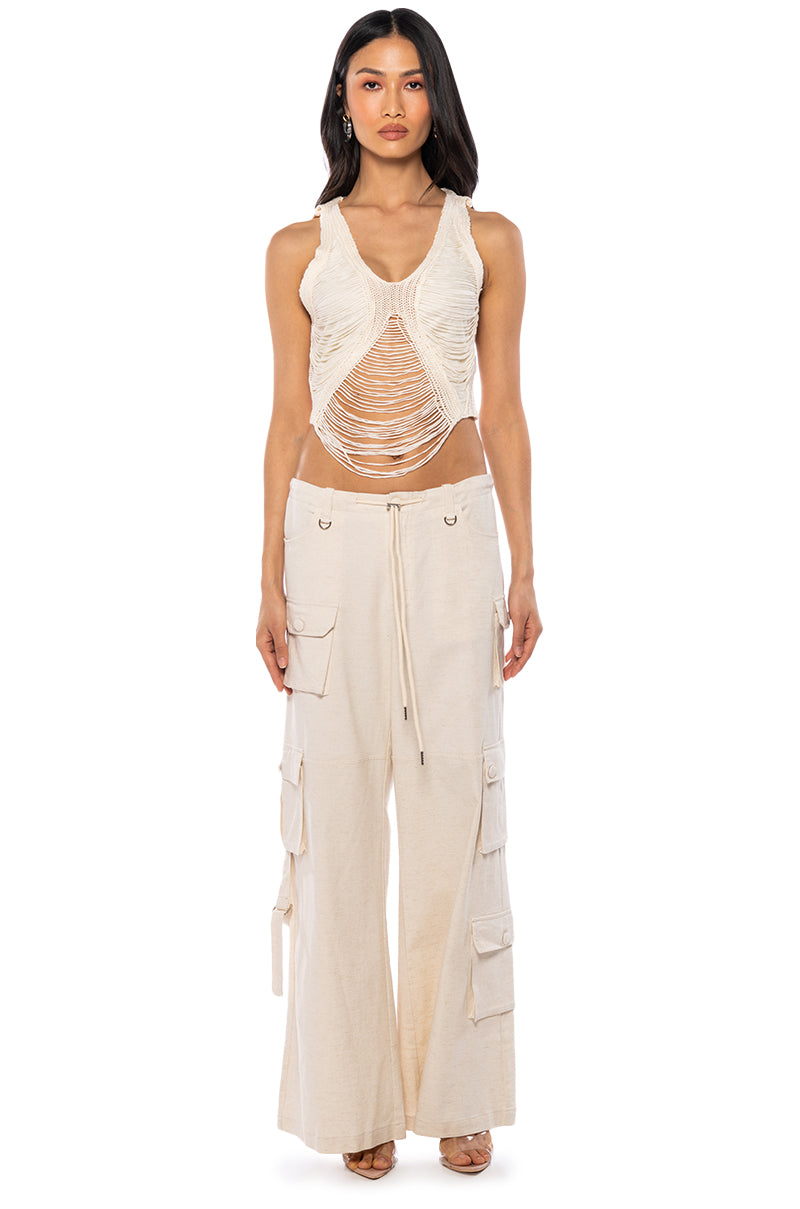 SLAY SLEEVELESS SHREDDED KNIT CROP TOP IN IVORY