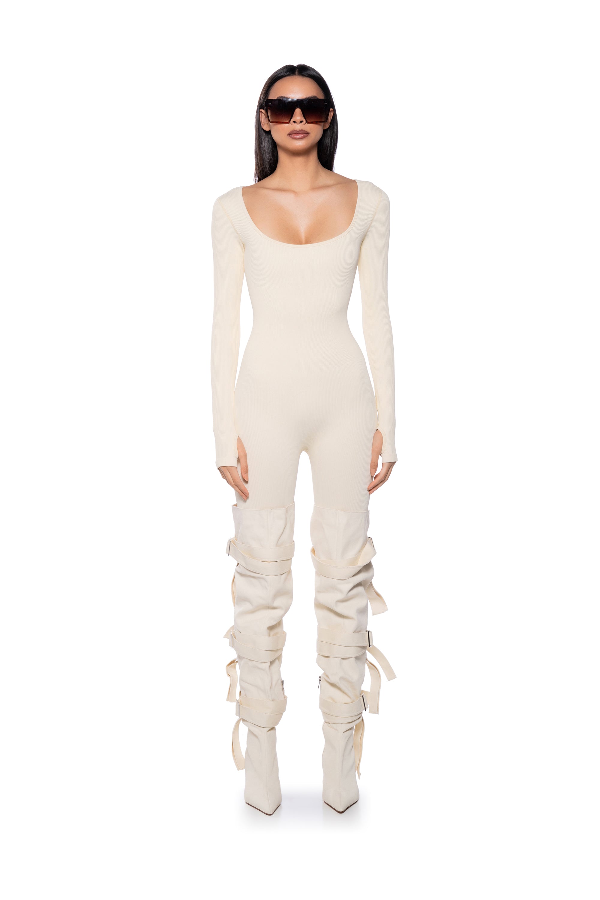 HOT GIRL WALK LONG SLEEVE CATSUIT IN CREAM