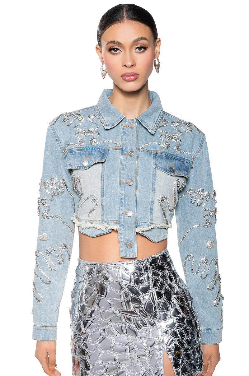 LOVE YOU SAY IT BACK CROP DENIM JACKET