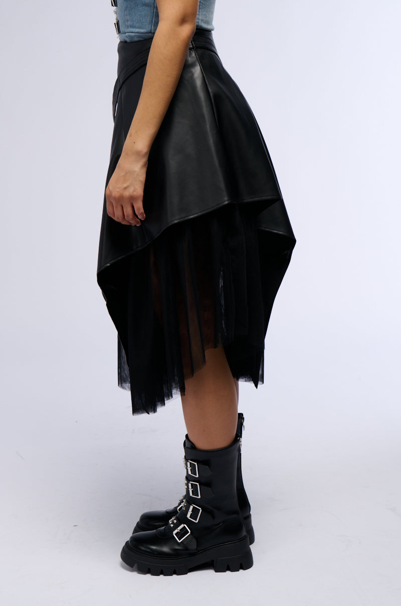 LYRA ASYMMETRICAL FAUX LEATHER MIDI SKIRT