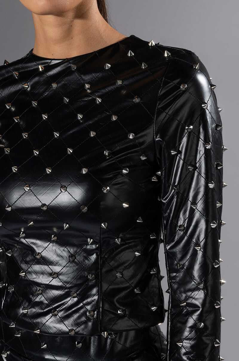 HBIC QUILTED FAUX LEATHER SPIKE DETAIL LONG SLEEVE TOP