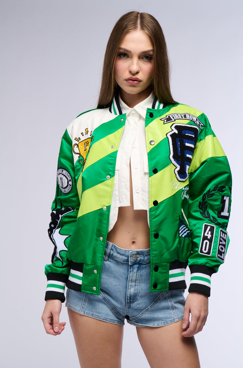 FIRST ROW SEAT COLOR BLOCK BOMBER JACKET IN GREEN