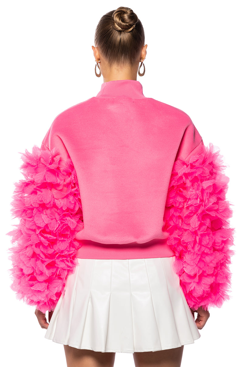 UPPER EAST SIDE PINK RUFFLE SLEEVE SWEATSHIRT