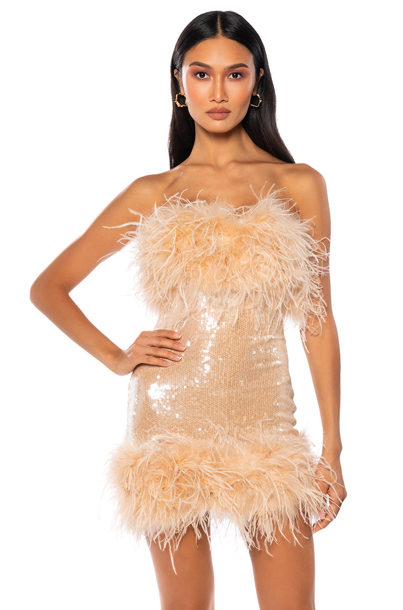 BON ANNIVERSAIRE FEATHER TRIM SEQUIN MINI DRESS