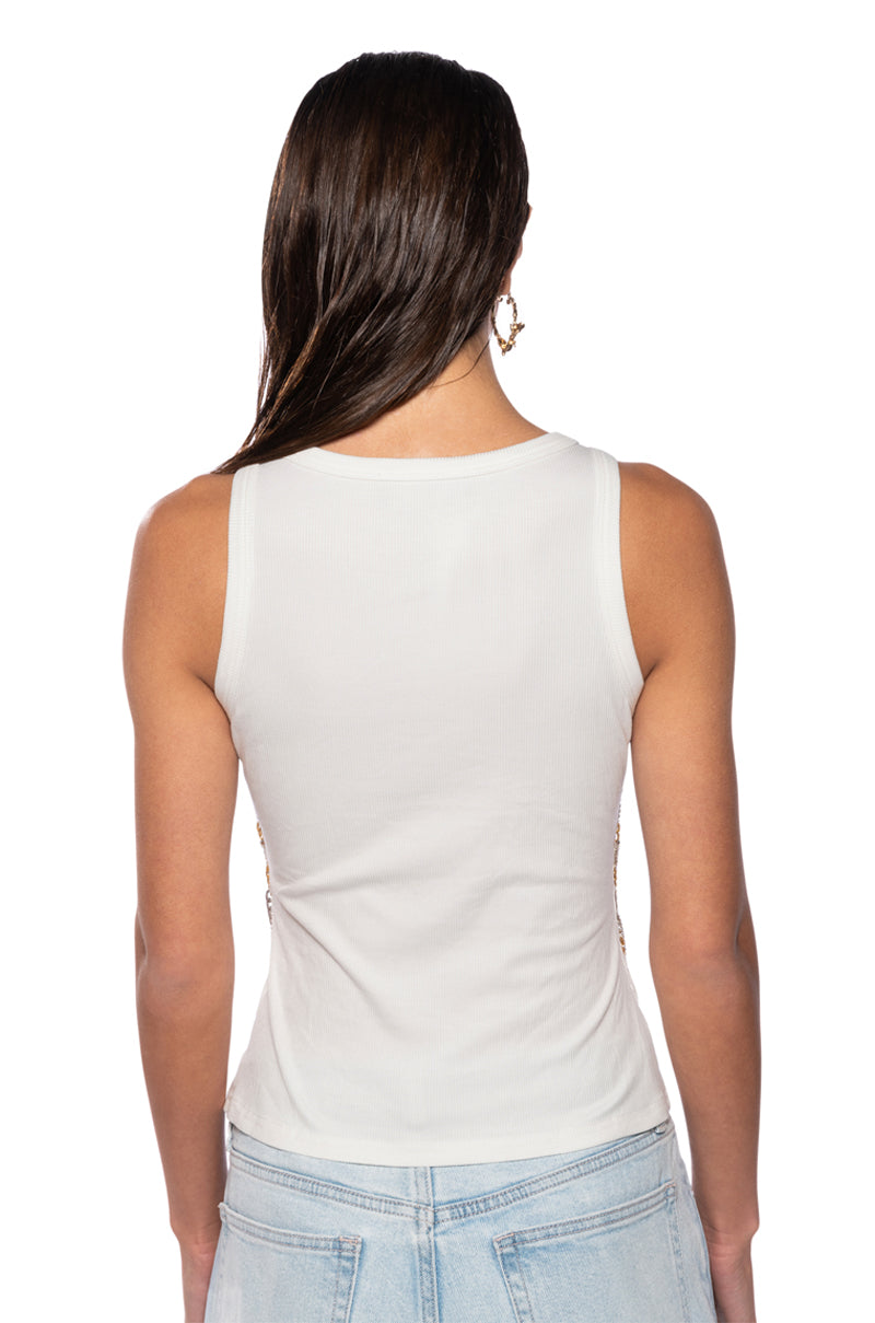 NIA CHAIN EMBELLISHED RIBBED TANK IN WHITE