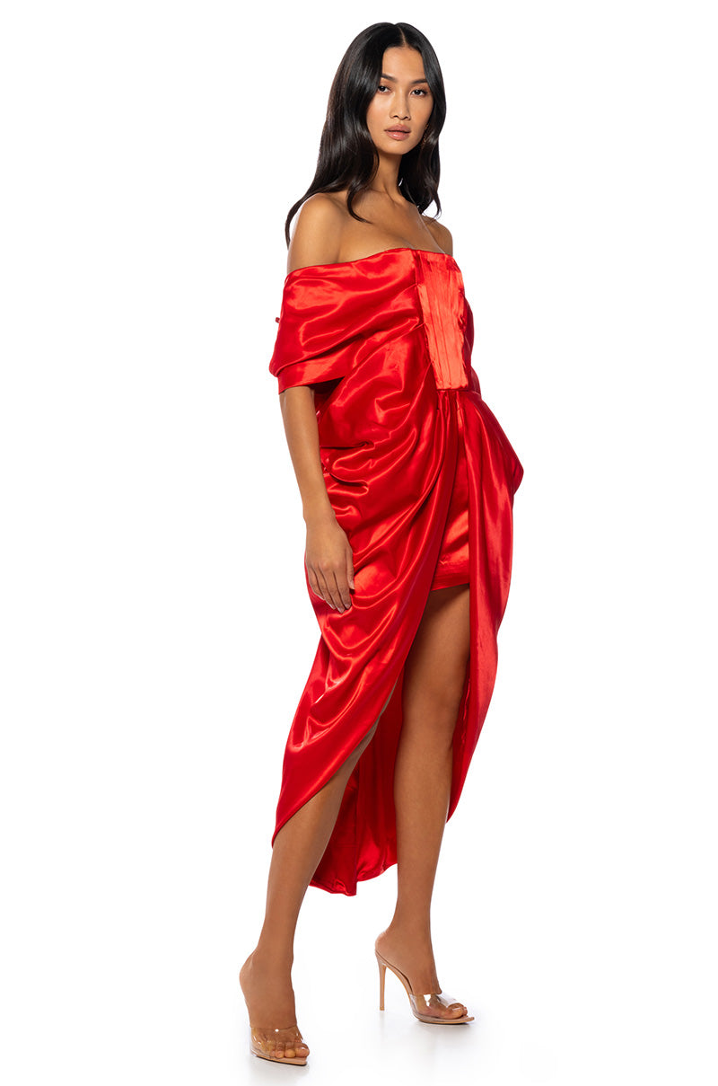 SEALED WITH A KISS SATIN MIDI DRESS