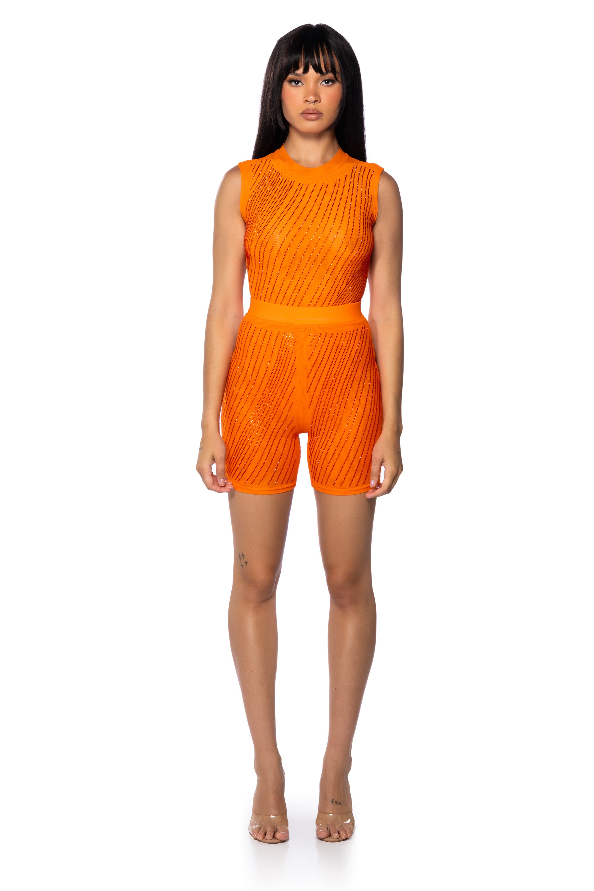 DIAMOND MESH SLEEVELESS BODYSUIT IN ORANGE