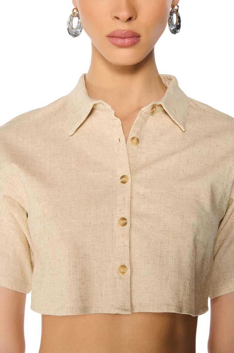 YOURS TRULY LINEN SHORT SLEEVE BUTTON DOWN SHIRT