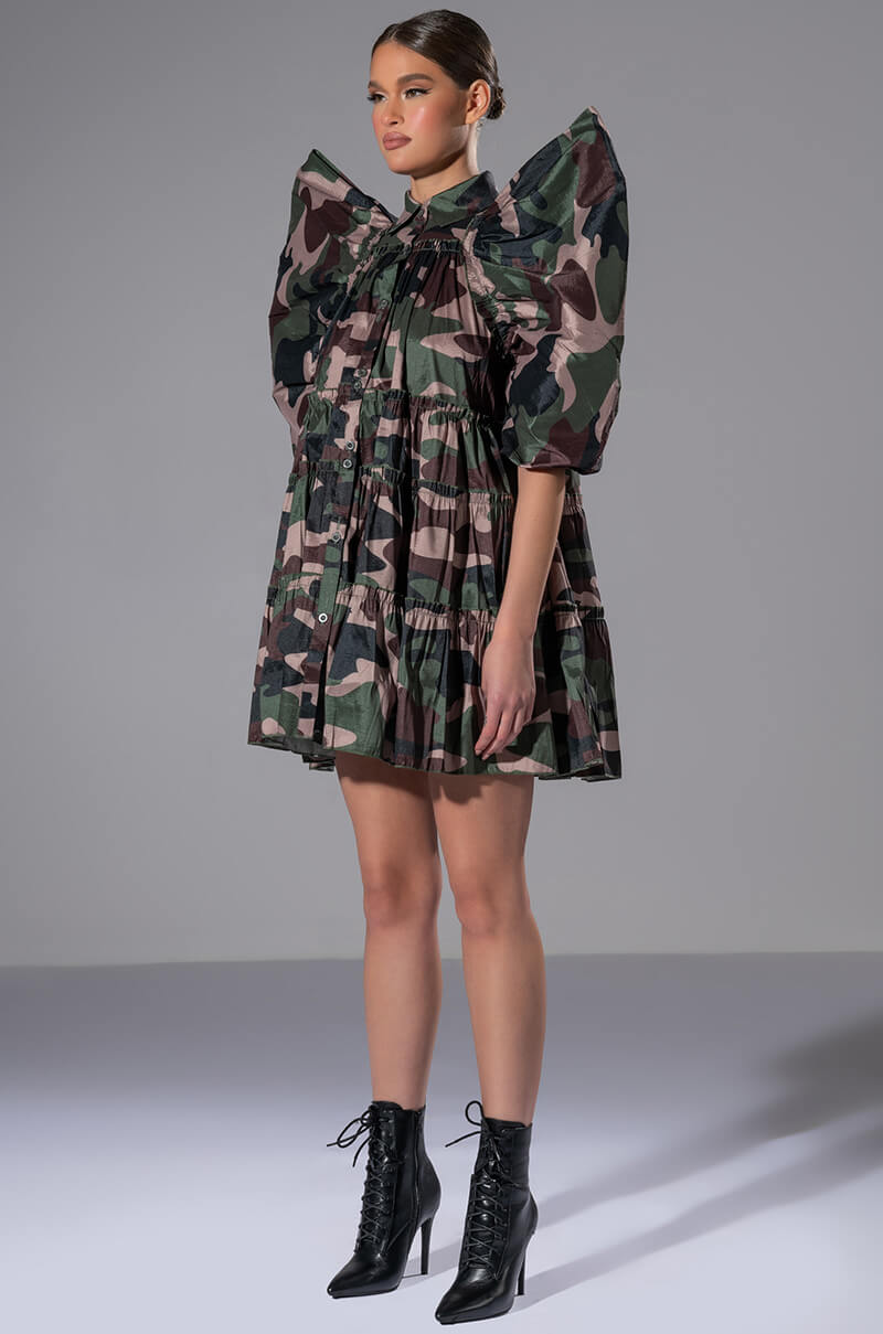 RUFFLE SLEEVE CAMO PRINT TRAPEZE MINI DRESS