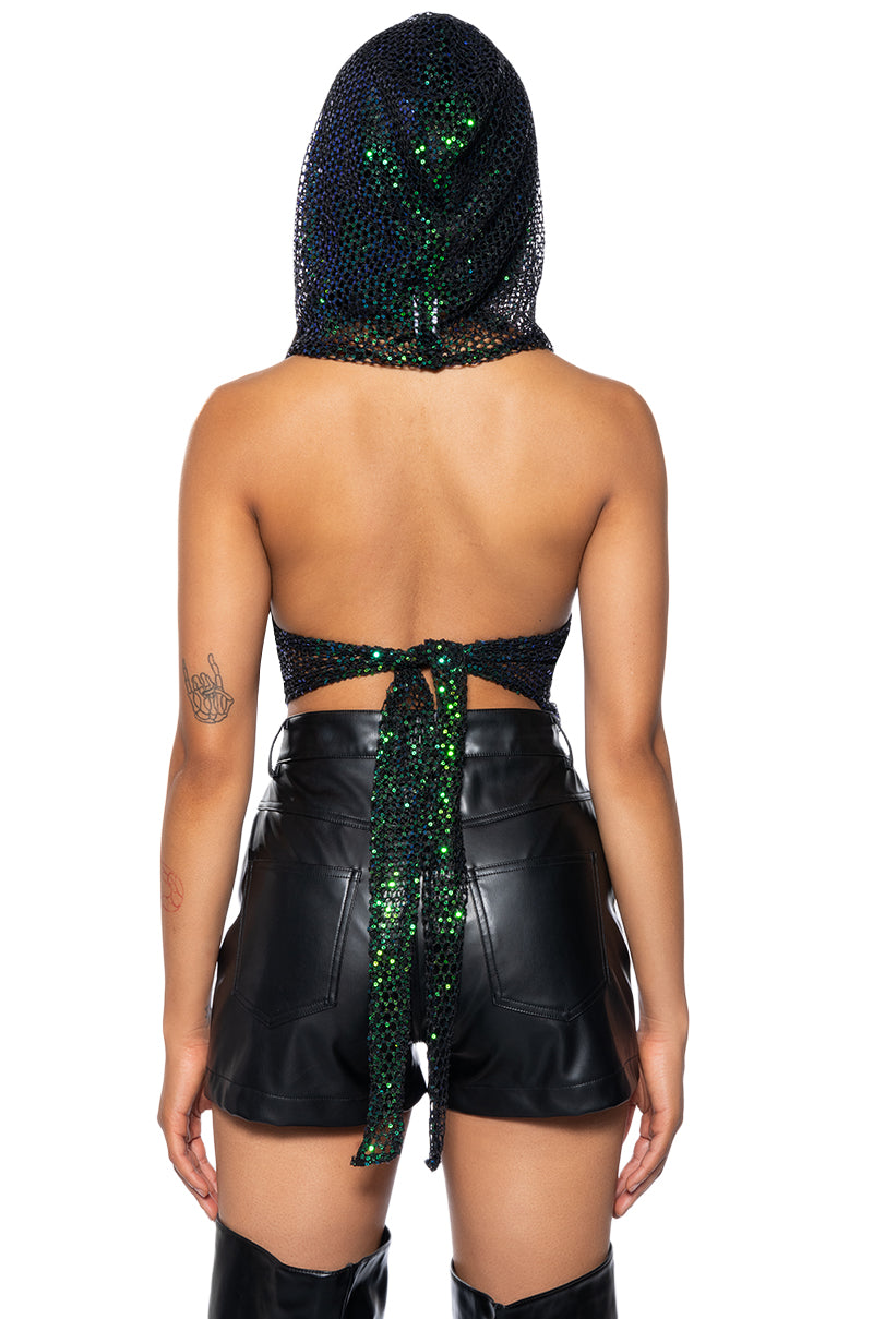 MYSTERY GIRL SLEEVELESS SEQUIN HOODED TOP