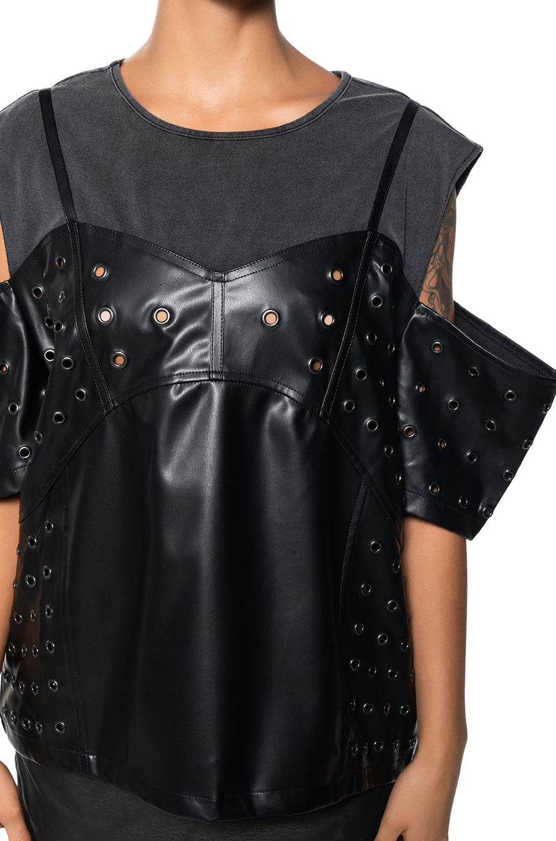 NOAH FAUX LEATHER COLD SHOULDER OVERSIZED T SHIRT