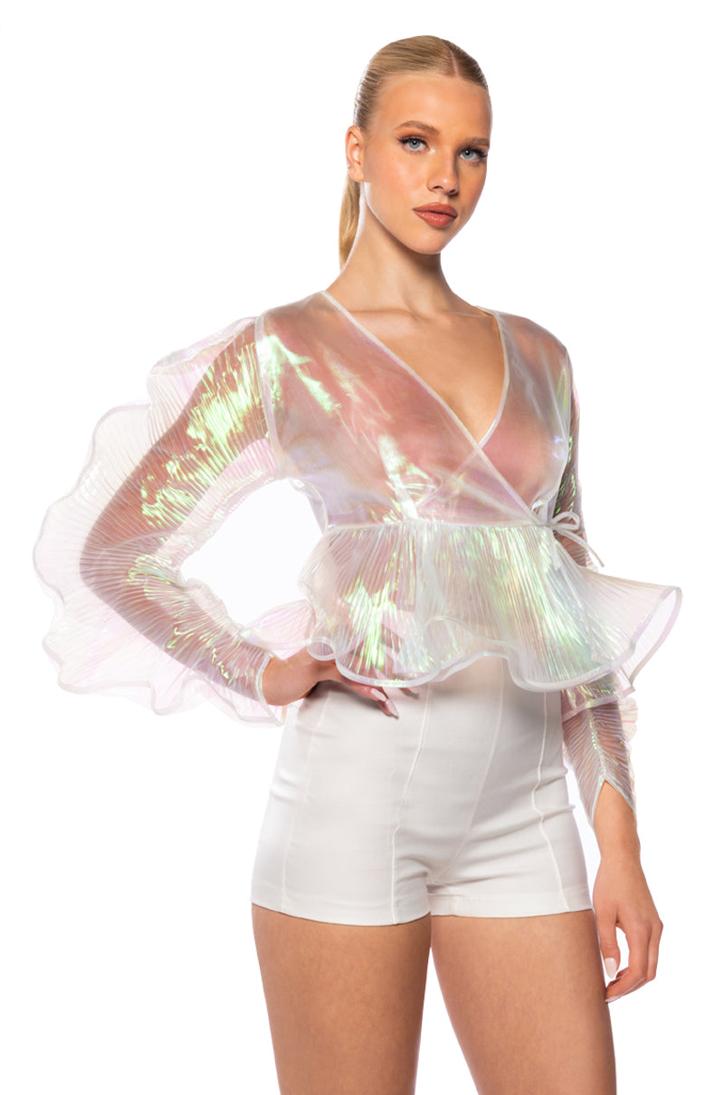 ETHEREAL PLEATED PEPLUM WRAP BLOUSE