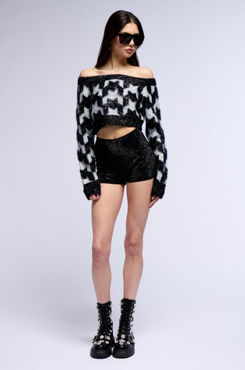 SHIMMER OFF THE SHOULDER CROPPED SWEATER