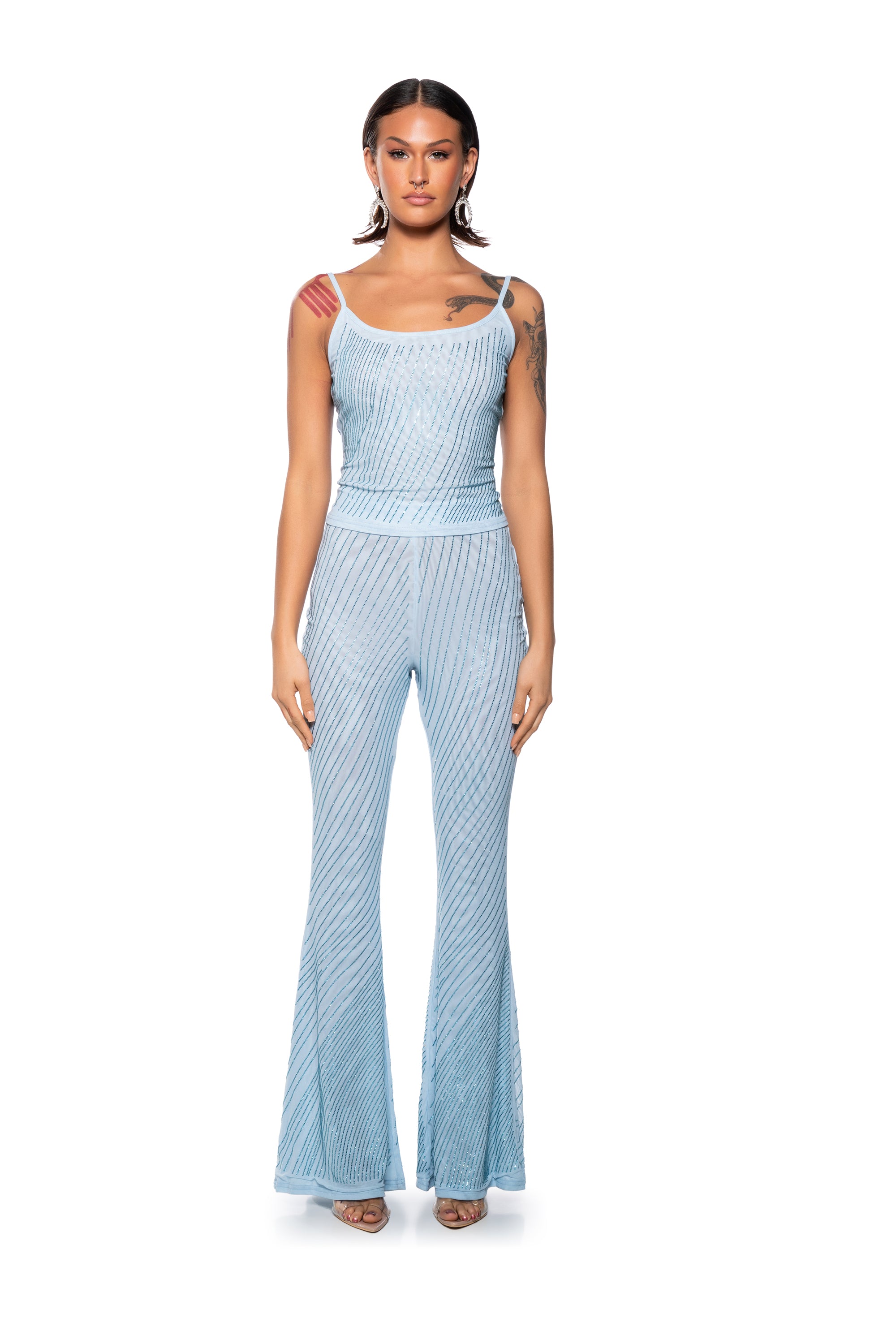 CUFF IT EMBELLISHED MESH FLARE LEG TROUSER