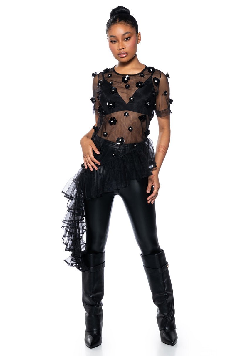 TOO GLAM EMBELLISHED ASYMMETRICAL TULLE TOP