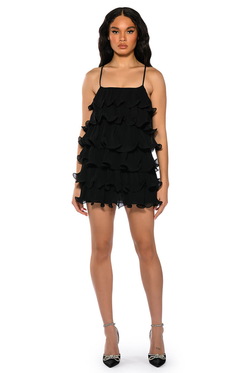 SWEETIE PLEATED RUFFLE SLEEVELESS MINI DRESS IN BLACK