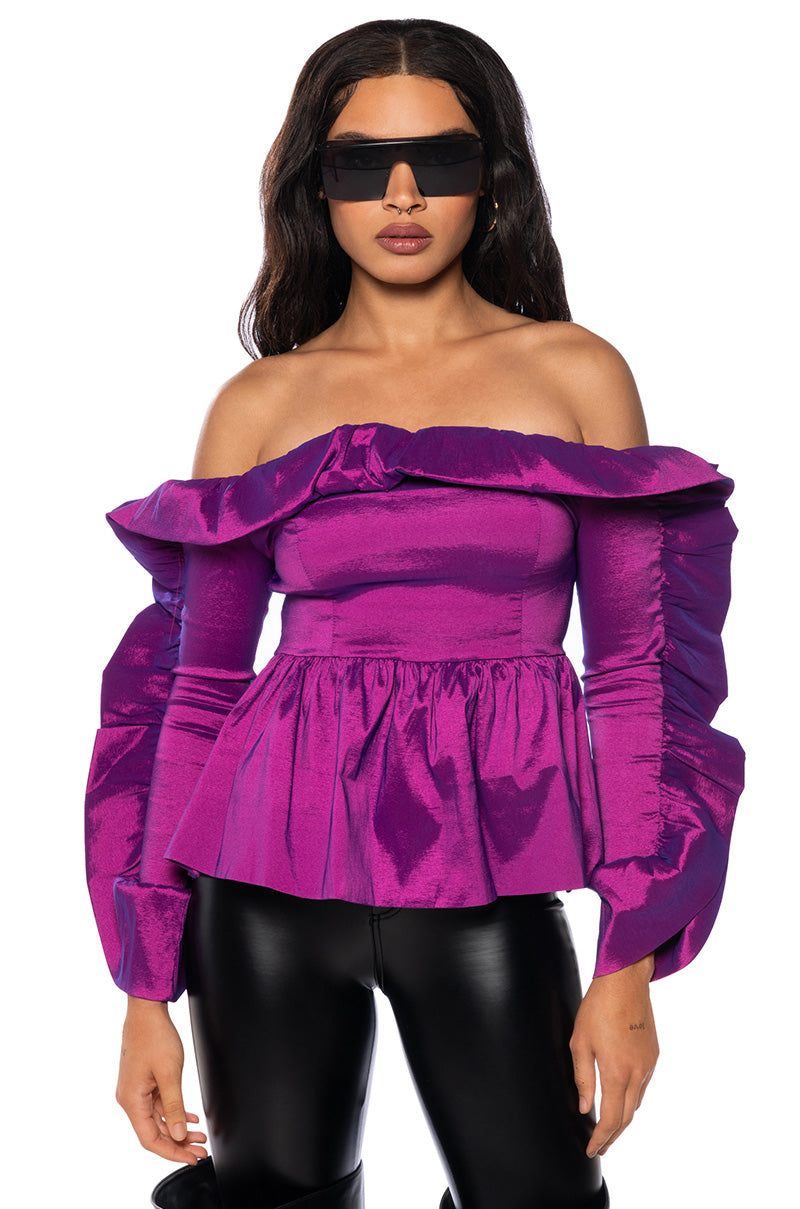 PEYTON TAFFETA RUFFLE DETAIL OFF THE SHOULDER BLOUSE