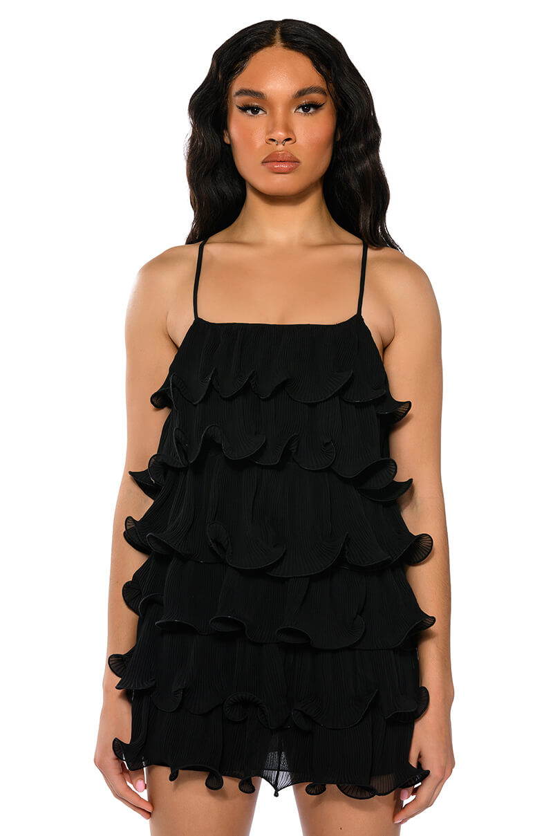 SWEETIE PLEATED RUFFLE SLEEVELESS MINI DRESS IN BLACK