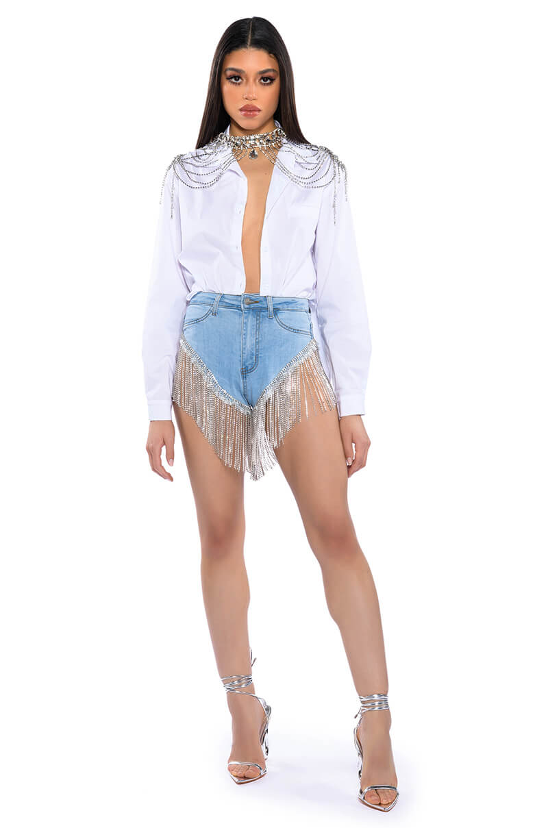 GONNA LOVE ME WATERFALL RHINESTONE DENIM SHORT