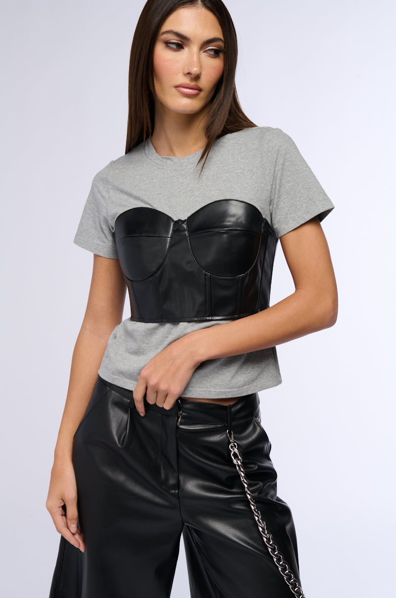 GOT ME TWISTED T SHIRT WITH FAUX LEATHER CORSET DETAIL