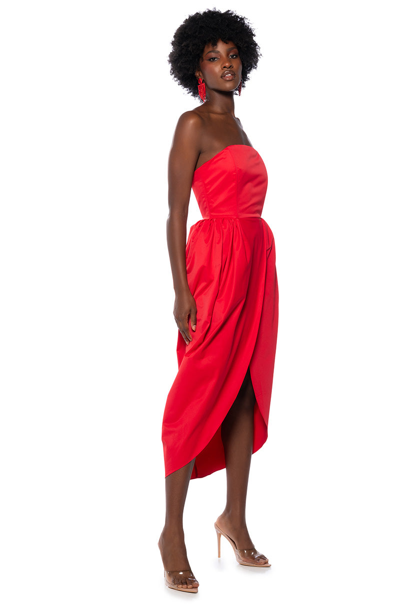 TULIP SKIRT SPAGHETTI STRAP MIDI DRESS IN RED