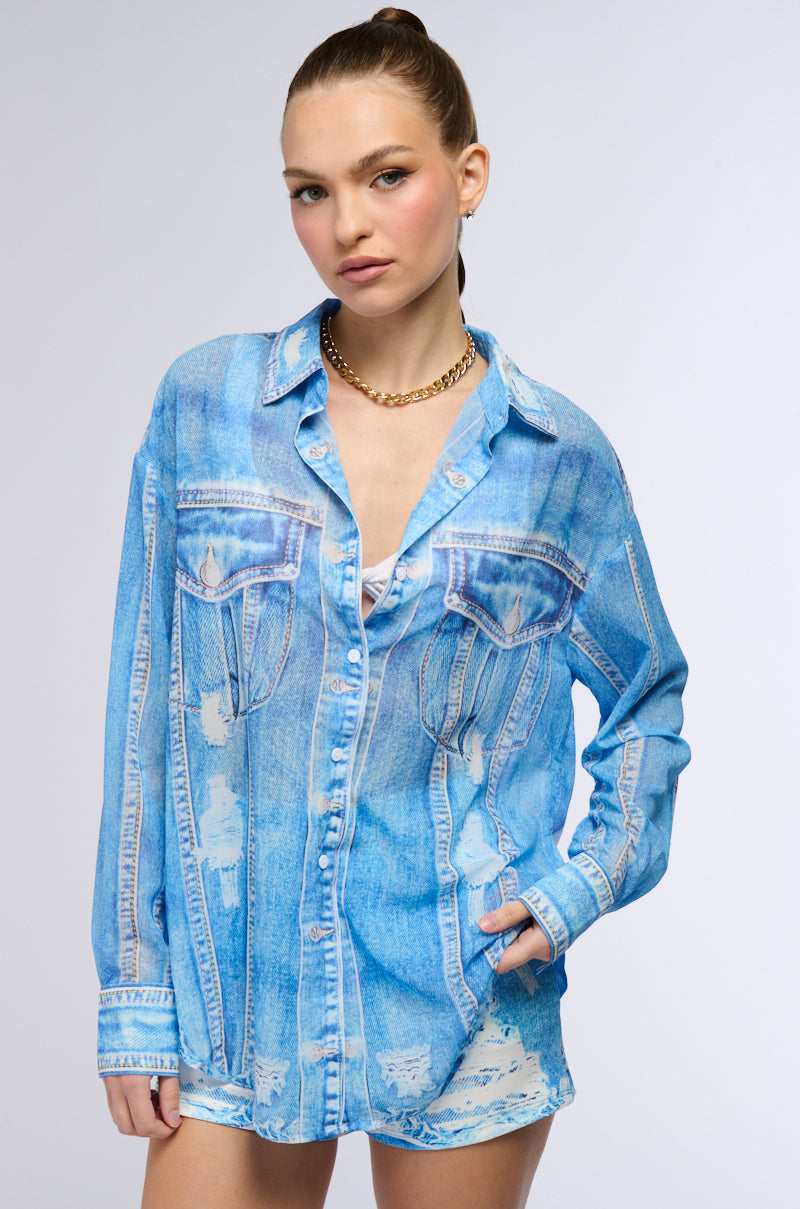 PRINTED DENIM LONG SLEEVE BUTTON DOWN SHIRT